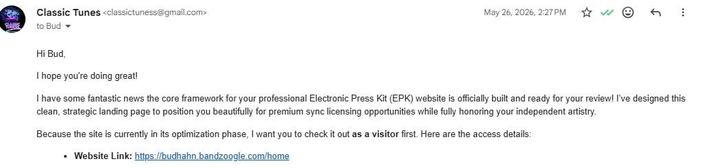 Bud Hahn EPK feedback email screenshot